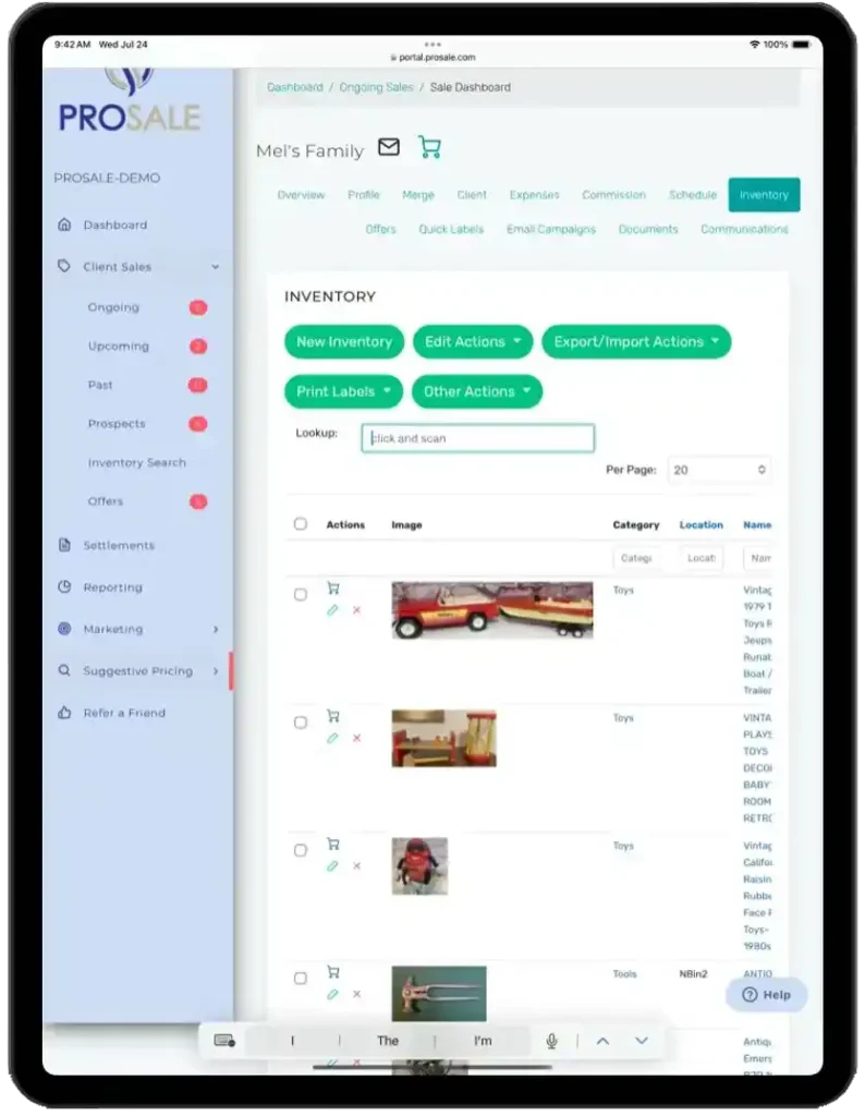 Estate Sale Software by ProSale - Customer Dashboard - Inventory
