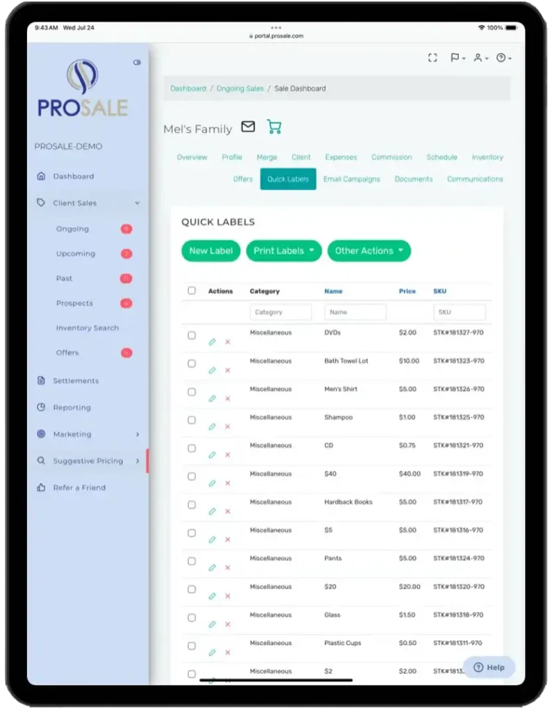 Estate Sale Software by ProSale - Customer Dashboard - Quick Labels